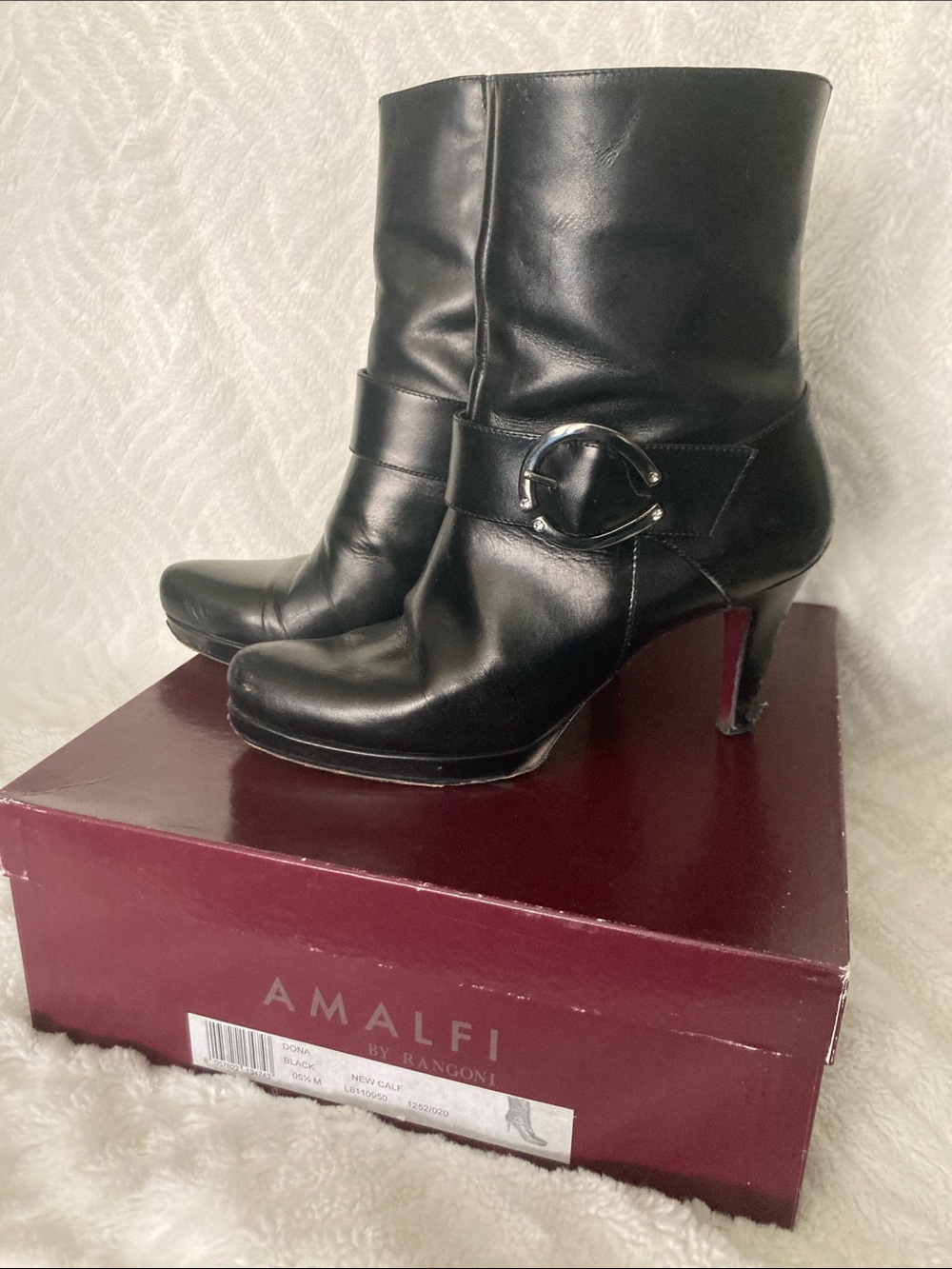 Amalfi by Rangoni “Dona”. Black Leather Mid-Calf Heeled Boots with Buckle Accent